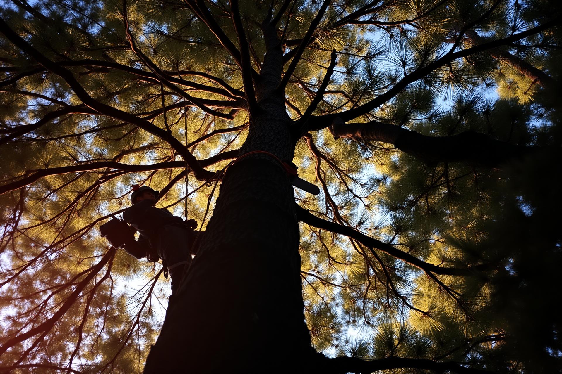 Arborista profissional realizando poda em pinheiro de grande porte em Curitiba